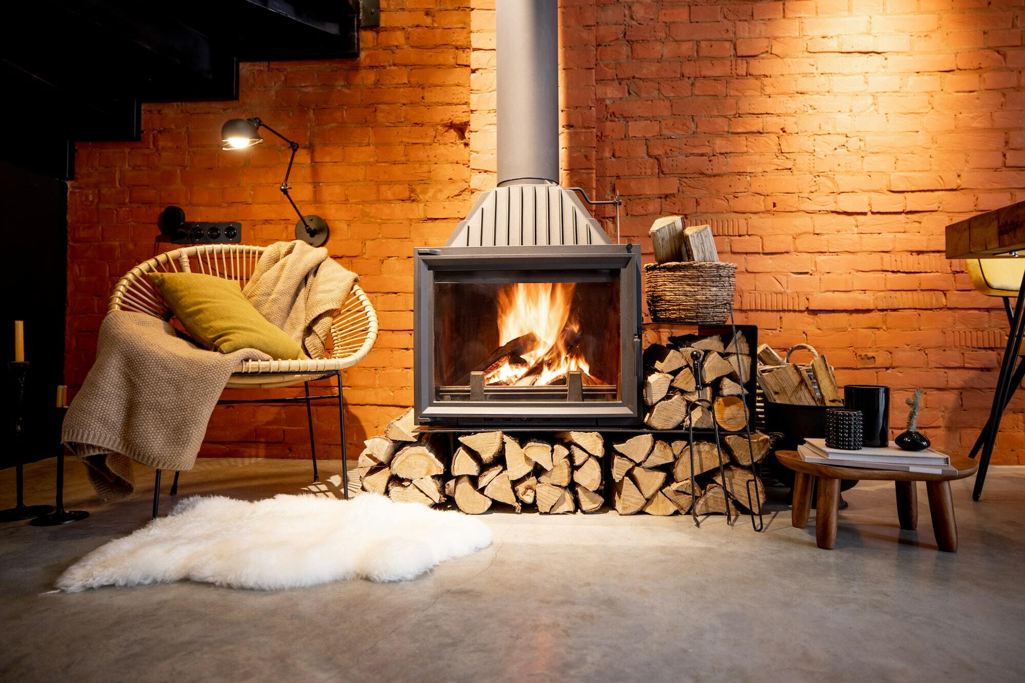 Burning fireplace with firewood at home